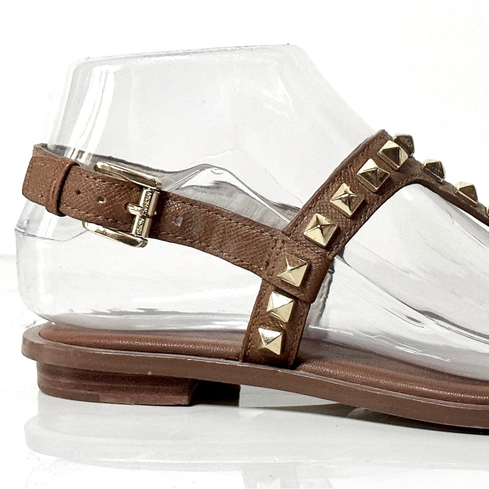 MICHAEL Michael Kors Brown Leather Sandal Gold Studded 5.5 Flat Thong - Picture 6 of 12